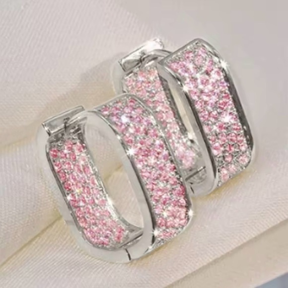 New Silver Pink Sapphire Rectangular Crystal Hoop Earrings - Picture 2 of 6